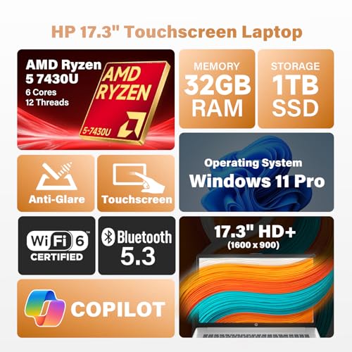 Image of HP 17-inch Touchscreen Laptop Computer - 17.3 inch Anti-Glare HD+ Display, AMD Ryzen 5 7430U (up to 4.3GHz), Windows 11 Pro, Backlit Keyboard, Copilot, Wi-Fi 6, Fast Charge | 16GB RAM + 512GB SSD