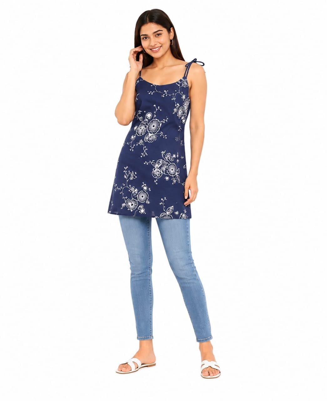 lachesis fabrics Women's Navy Blue Floral Print Sleeveless Tunic Top with Tie-Up Straps-picture-50
