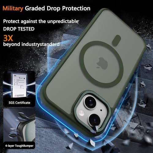 Image of Magnetic iPhone 15 case,Compatible with Magsafe, Military-Grade Protection,Slim Translucent Matte Shockproof with Anti-Scratch Anti-Fingerprint Phone Cover (Blackish Green, iPhone 15)