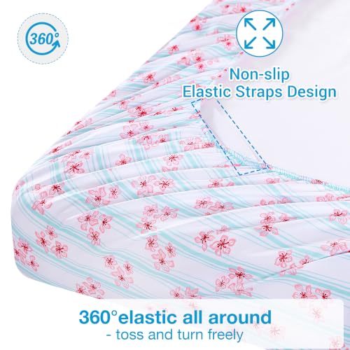 Image of Softan Pink Striped Floral Full Sheet Set, Cozy Printed Microfiber Bed Fitted Sheets with 15 inch Deep Pocket & Non-Slip Corner Straps, Cherry Blossom & Mint Stripe Patterned Sheets & Pillowcase Set