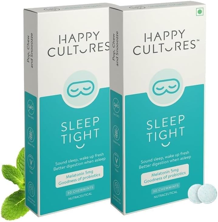 VELBIOM Happy Cultures Sleep Tight Melatonin 5Mg With Probiotics| Melatonin 5mg for Deep Sleep, Stress Relief Sleep & Wake Up Refreshed| Non-Addictive, Natural, Clinically Tested| Natural Sleep & Improved Digestion| Gut-Brain Health, 60 Chewmints