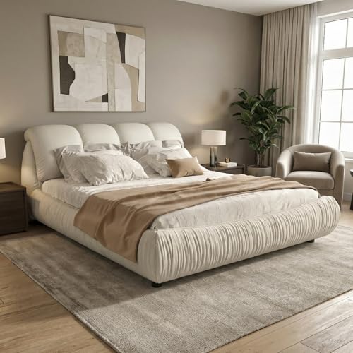 King Size Upholstered Platform Bed with Oversized Padded Headboard, Modern Luxury Solid Wood King Size Bed Frame, Multiple Mattress Heights Upholstered Cloud Bed Frame, No Box Spring Needed, Beige