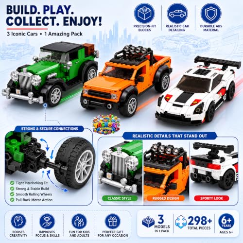 Image of Yashoni Pocket Block Pull-Back Cars Pack of 3-298 Pcs Building Blocks Set | Pull Back & Go Racing Action, STEM Construction Toy for Kids 6+ Boys & Girls | Educational 3D Building Kit, Gift