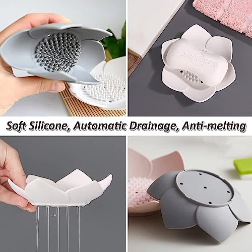 Image of 3 Pack Lotus Flowers Soap Dish Silicon Flexible Non-Slip Floral Trays with Drain for Bathroom Shower(Multicolour)