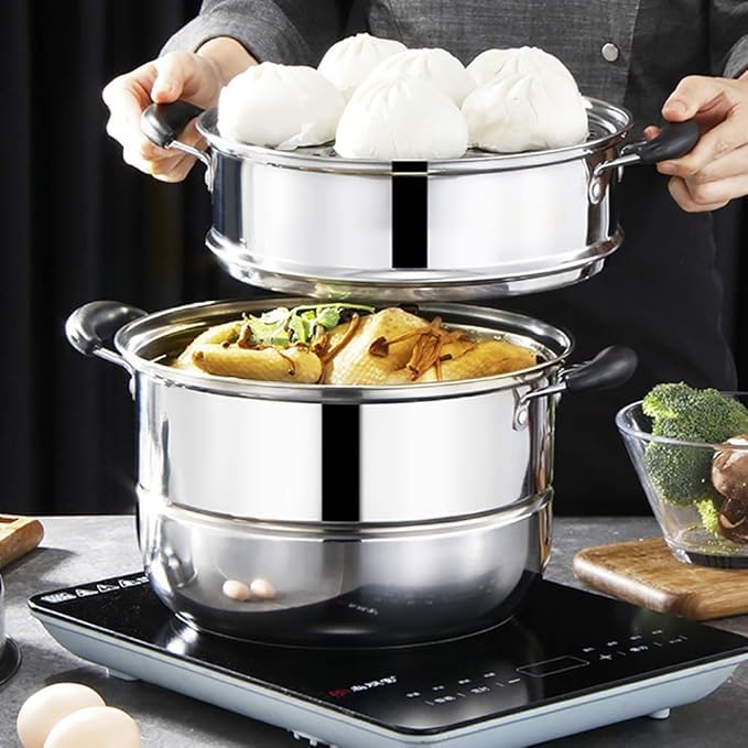 Blend ART 28cm Commercial 3-Tier Induction Compatible Momo Steamer β Stainless Steel Cooking Steamer Pot for Vegetables, Dumplings, Momos | Easy to Clean, 13.5L Total Capacity 4