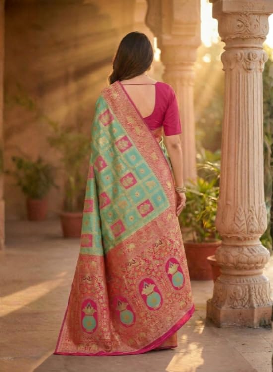 Image of C J Enterprise Women's Kanjivaram Silk Saree Woven Patola Banarasi Soft Sarees Zari With Blouse Piece (Hathi Patola)