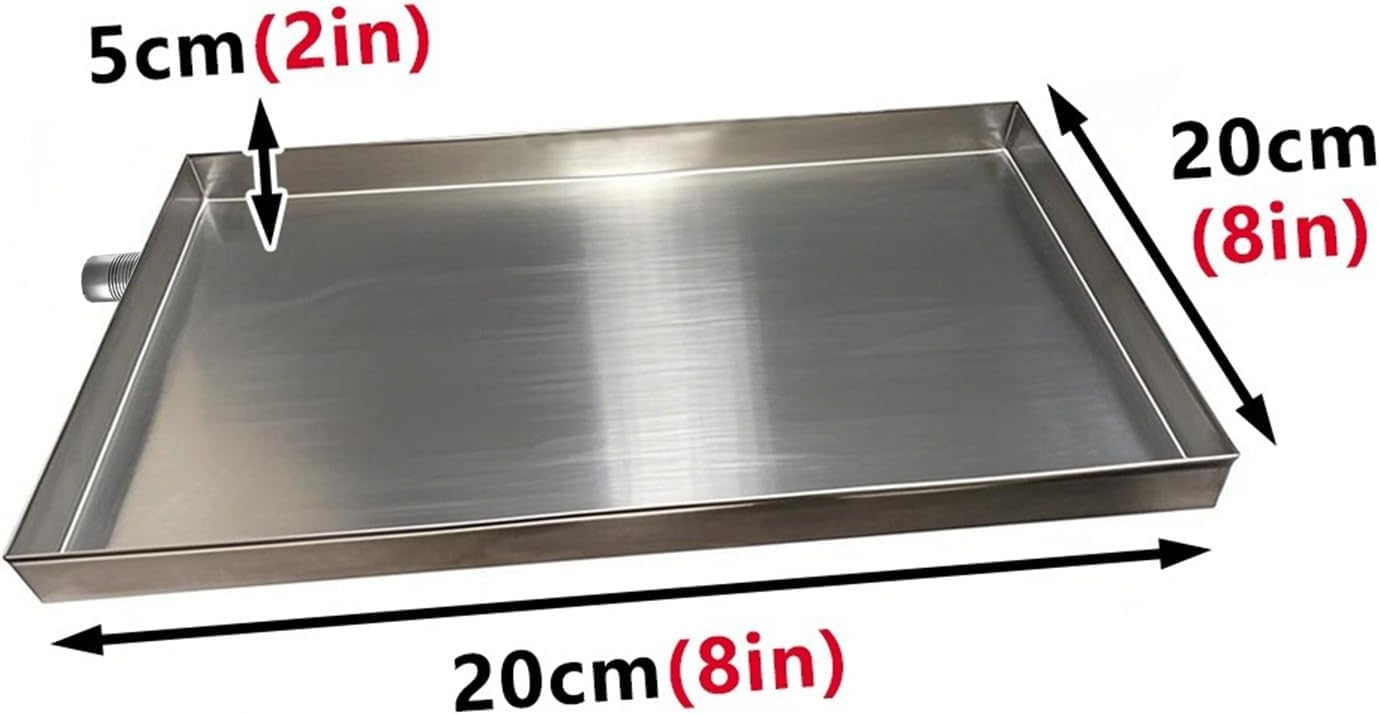 304 Stainless Steel AC Drain Pan with 2m Hose - Heavy Duty Drip Tray for Air Conditioners, Washing Machines, Flower Pots - Leak Prevention (20x20cm/8x8in)