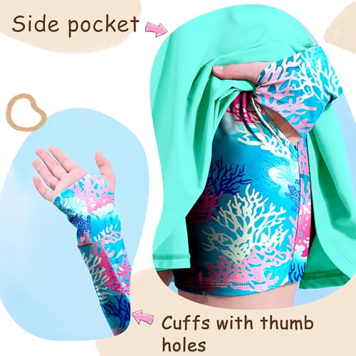 Image of HOZIY Girls Long Sleeve Swimsuit Two Piece Rash Guard Dress with Swim Shorts Front Zip for Kids Tween Teens UPF 50+