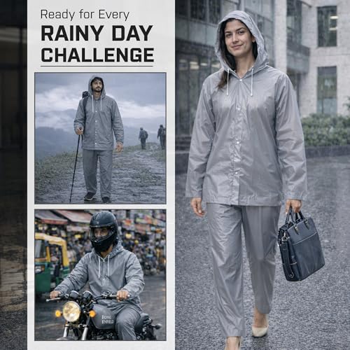 Image of ROBUSTT Unisex EVA Rainsuit Jacket & Pant Set (Pack of 10) | Grey | Waterproof Raincoat for Men & Women | Hooded Full Body Rain Protection | Lightweight, Reusable Rain Wear for Bike & Outdoor Use