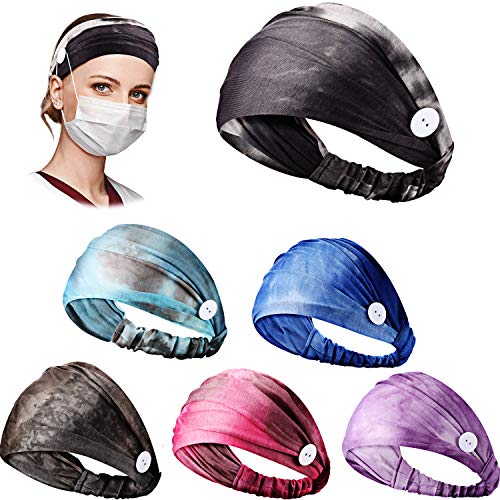 6 Pieces Tie Dye Headband with Buttons, Wide Tie Dye Bandana Headbands Elastic Buttons Headbands Non-slip Yoga Sports Headband for Women Men Running Sports Travel Fitness (Multiple Color)