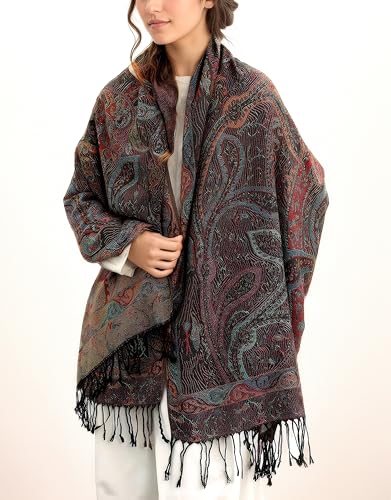 Achillea Reversible Paisley Pashmina Rave Scarf – Exotic Indian Shawls and Wraps for Evening Dresses, Festivals, All Seasons