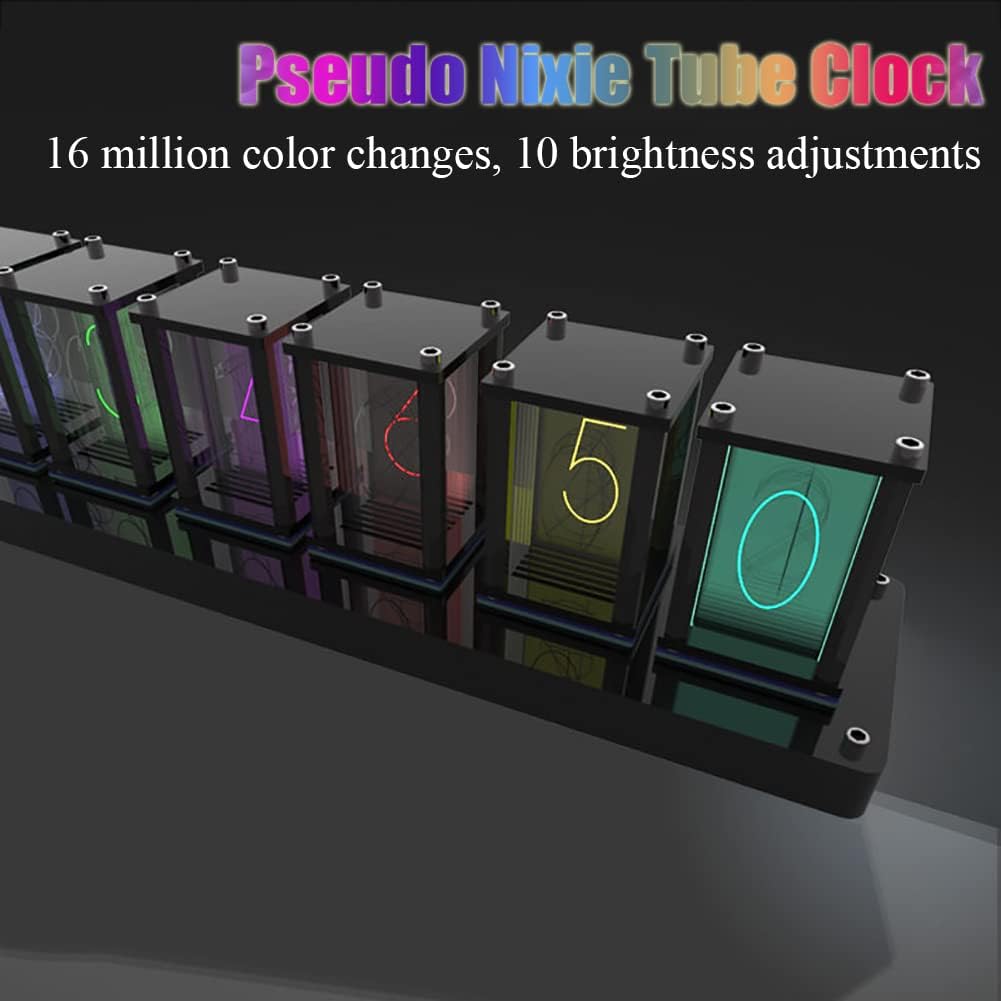Nixie Tube Clock, Imitate Full Color RGB Glow Tube Clock, 10 Kinds of Brightness Can Be Adjusted, USB Powered 6-Digits Kit, Low Power Consumption, for Lover, Friend, Birthday