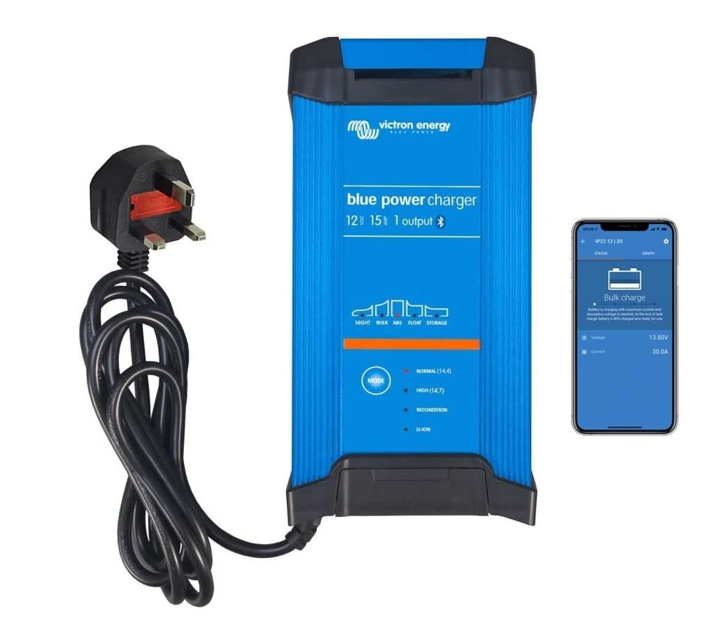 Victron Energy Niebieska inteligentna ładowarka samochodowa IP22 12 V 15 A, ładowarka podtrzymująca do akumulatora samochodowego i odsiarczacza do motocykli, ATV, kamperów, akumulatorów litowych i