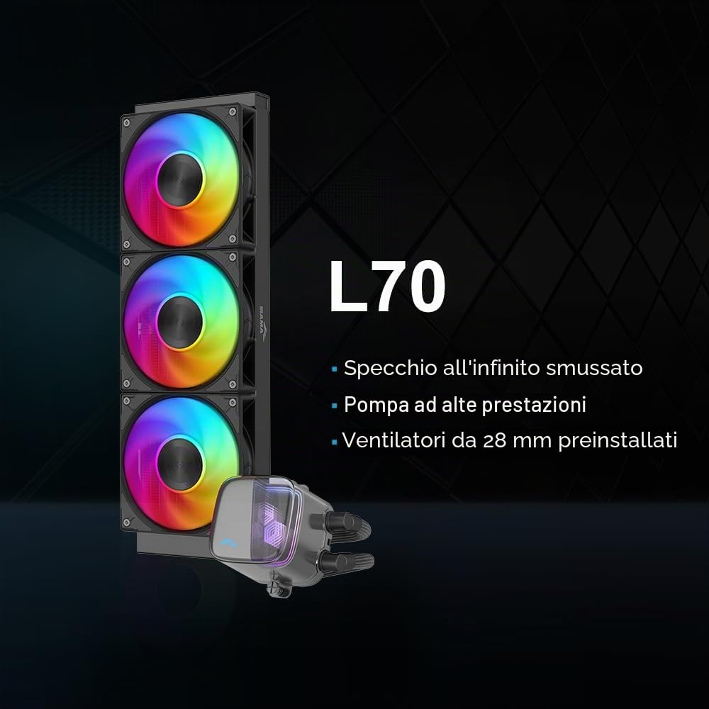 SAMA L70 Dissipatore di calore a liquido per CPU da 360 mm con effetto specchio infinito ARGB, 3 ventole ARGB PWM da 120 mm, a basso rumore, per AMD: AM4 AM5/Intel LGA 1700/1150/1151/1200/1851-Nero