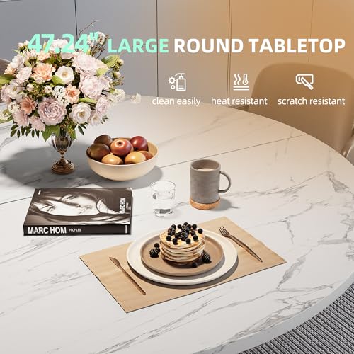 47.24" Round Dining Table for 4-6 Person, Round Kitchen Table with Wood Top, Circle Dinner Pedestal Tables with Metal Legs for Dining Room Kitchen (White Marble) - Image 4
