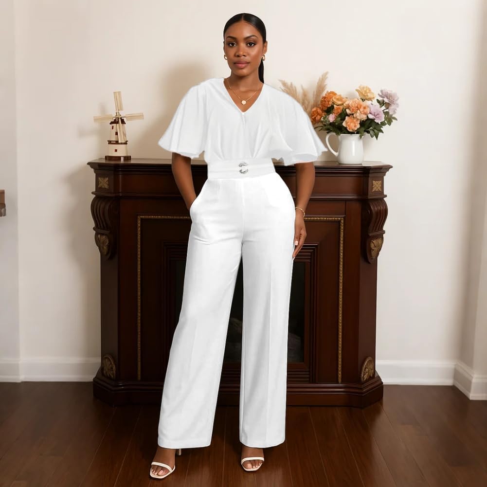 HWP Dressy Jumpsuits for Women Elegant One Piece Jumpsuits V-Neck Ruffle Short Sleeve Wide Leg Ladies Jumpsuit Rompers