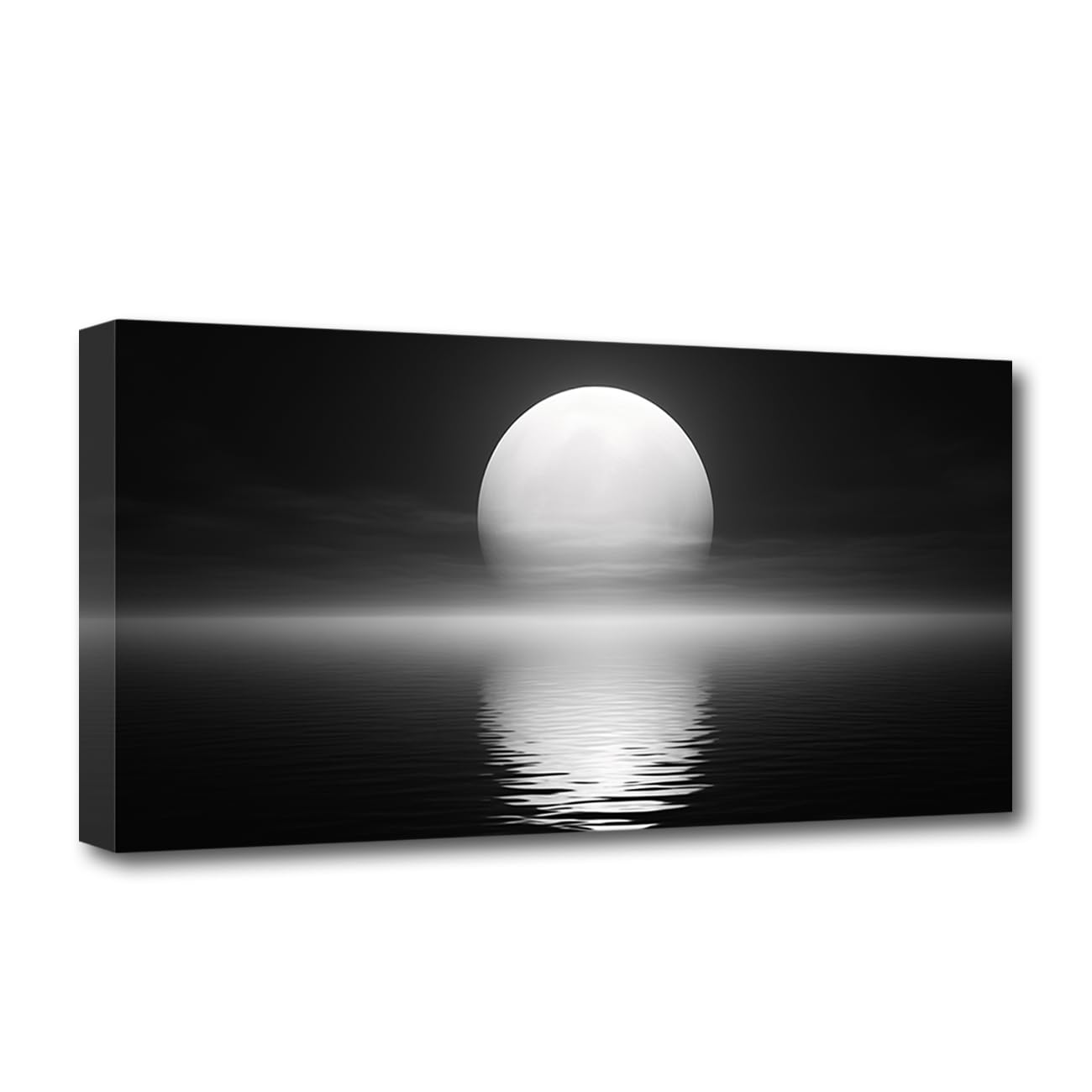 CXHOSTENT Full Moon Canvas Wall Art - Black and White Sea Landscape Reflection - Large Living Room Decor Frame (Moon - 3, 30L x 60W cm)