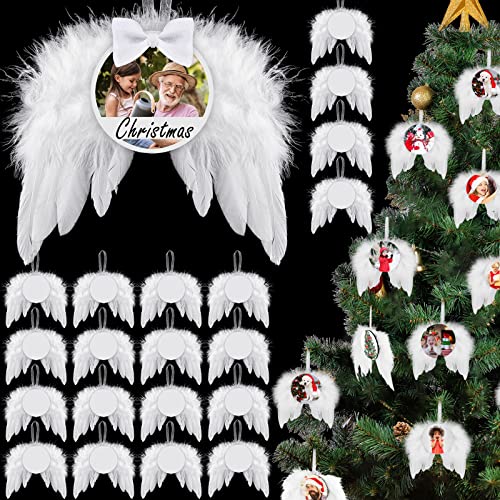 Christmas White Angel Wings Ornament Hanging, Feather Hanging Decor With Sublimation Blank Pendants For Christmas Tree Crafts Angel Wings Xmas Decor (Round Style, 72 Pcs) #TOP1