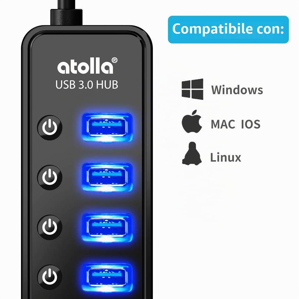 Atolla Hub USB 3.0 7 Porte alimentato Multi Porta USB + 1 Porto ricarica intelligente con Tasti di Accensione/Spegnimento e LED illuminata e adattatore di alimentazione(nero)