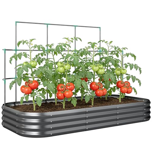 Outsunny Hochbeet mit Rankgitter, Metall Pflanzkasten mit Schutzkante Handschuhe Gartenkasten Frühbeet Kräuterbeet für Garten, Klettergemüse, Blumen, 220 x 110 x 150 cm, Dunkelgrau