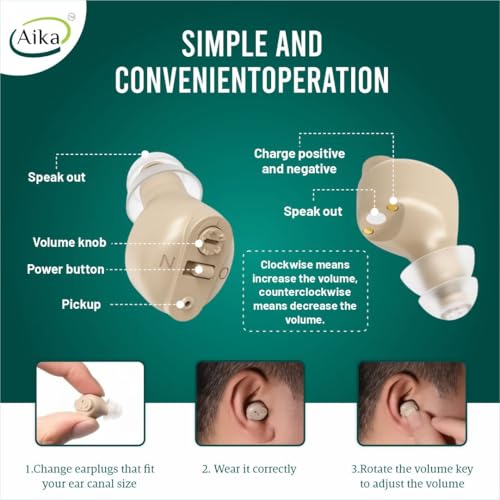 Image of Aika Mini Rechargeable CIC Digital Hearing Aid Sound Amplifier Machine for Old age with Auto Noise Cancellation, Clear Sound and Dry Kit (For Single Ear, Beige)