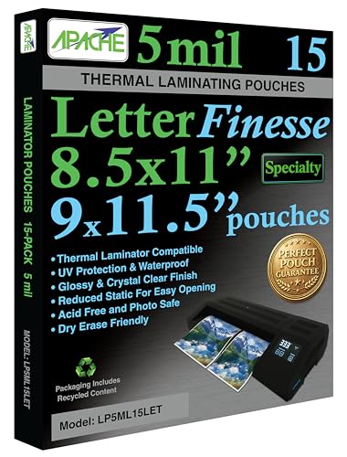 Image of Apache Letter Size Finesse Laminating Pouches, 5 Mil, 15 Pack, Satin Soft Touch Matte-Like Finish, Holds 8.5x11 Inch Projects (9x11.5 inch Pouch Size), Thermal Laminator Laminating Sheets, Specialty Line