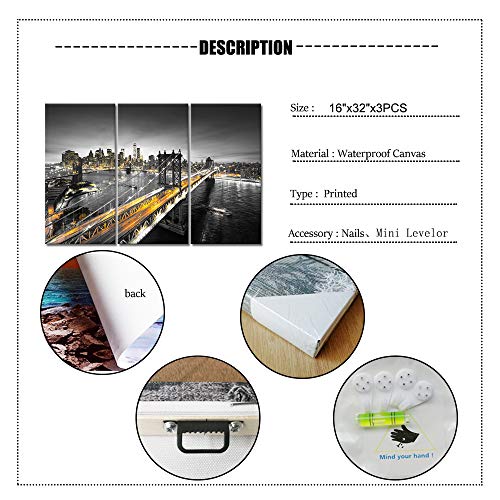 3 Piece New York Night View Canvas Prints Manhattan Cityscape Picture Brooklyn Bridge Wall Art Black White Yellow City Painting Modern Art Work For Living Room Home Decor 16"X32"X3 Panels #TOP5