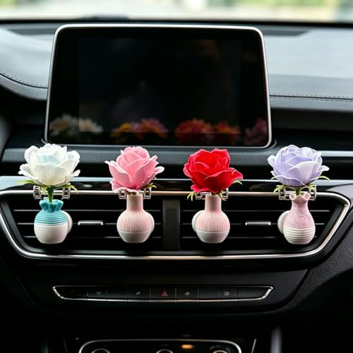 Image of Set of 4 Cute Flower Bouquet Car Air Freshener Vent Clips, Mini Artificial Flowers for Car Air Vent Decoration, Auto Interior Dashboard Ornament Accessories (Rose)