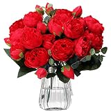 NINAT Peony Artificial Flowers Artificial Bouquet Fake Flowers Silk 20 Heads 16 Buds with Flower Ste