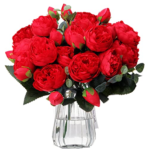 Ninat Peony Artificial Flowers Artificial Bouquet Fake Flowers Silk 20 Heads 16 Buds With Flower Stem For Wedding Valentine's Day Party Home Decoration Pack Of 4 (Red) #TOP10