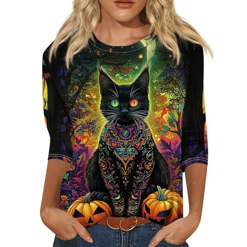 Cute Funny Halloween Shirts for Women Plus Size 3/4 Length Long Sleeve Womens Tops Witch Gothic Renaissance Shirt
