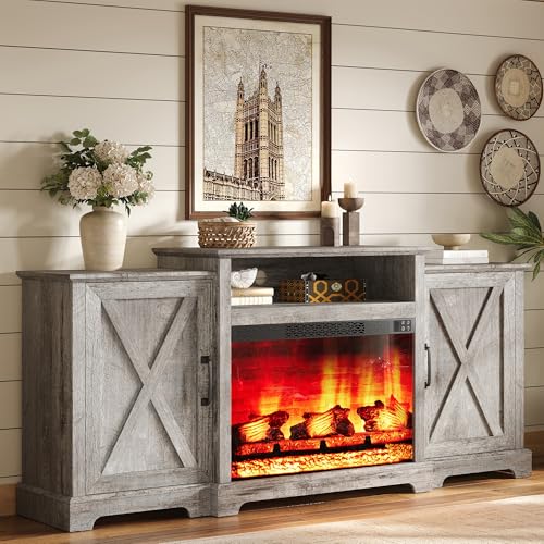Image of AMERLIFE 70 inch Farmhouse Fireplace TV Stand with Storage for TVs up to 80 inch | Entertainment Center with 29 inch Electric Fireplace, Media Console with 2 Cabinets & Adjustable Shelf, Light Grey