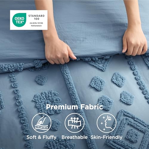Image of Bedsure Boho Tufted Blue Comforter Set Queen Size, GentleSoft 3 Pieces Boho Farmhouse-Style Decor Bedding, Exquisite Bedding for All Seasons, 1 Bed Comforter, 2 Pillow Shams, 90x90 Inches