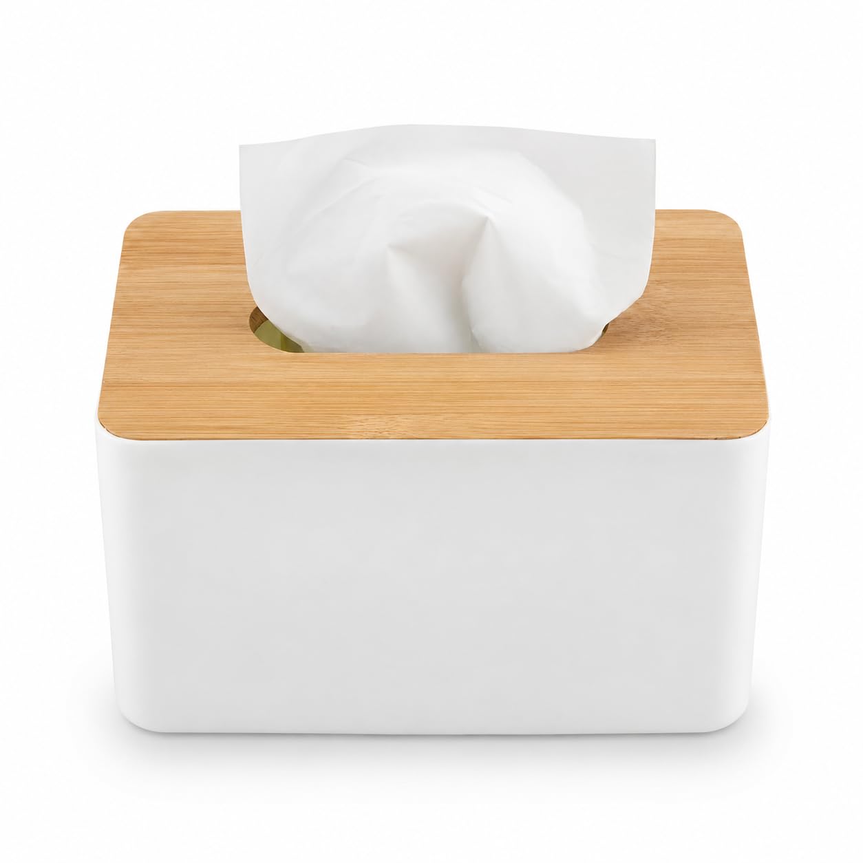 Modern Tissue Box Holder with Wooden Lid – Square Plastic Tissue Dispenser Case for Home, Office, Bathroom, Kitchen – Stylish Organizer for Paper Napkins & Tissues (White & Wood Finish)-image-15