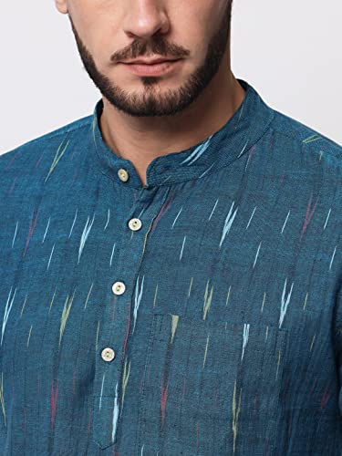Image of Vastraa Fusion Men's Handloom Weaving Pure Cotton Short Kurta, Round Collar, Full Sleeves,Button Kurta, Ethnic Wear