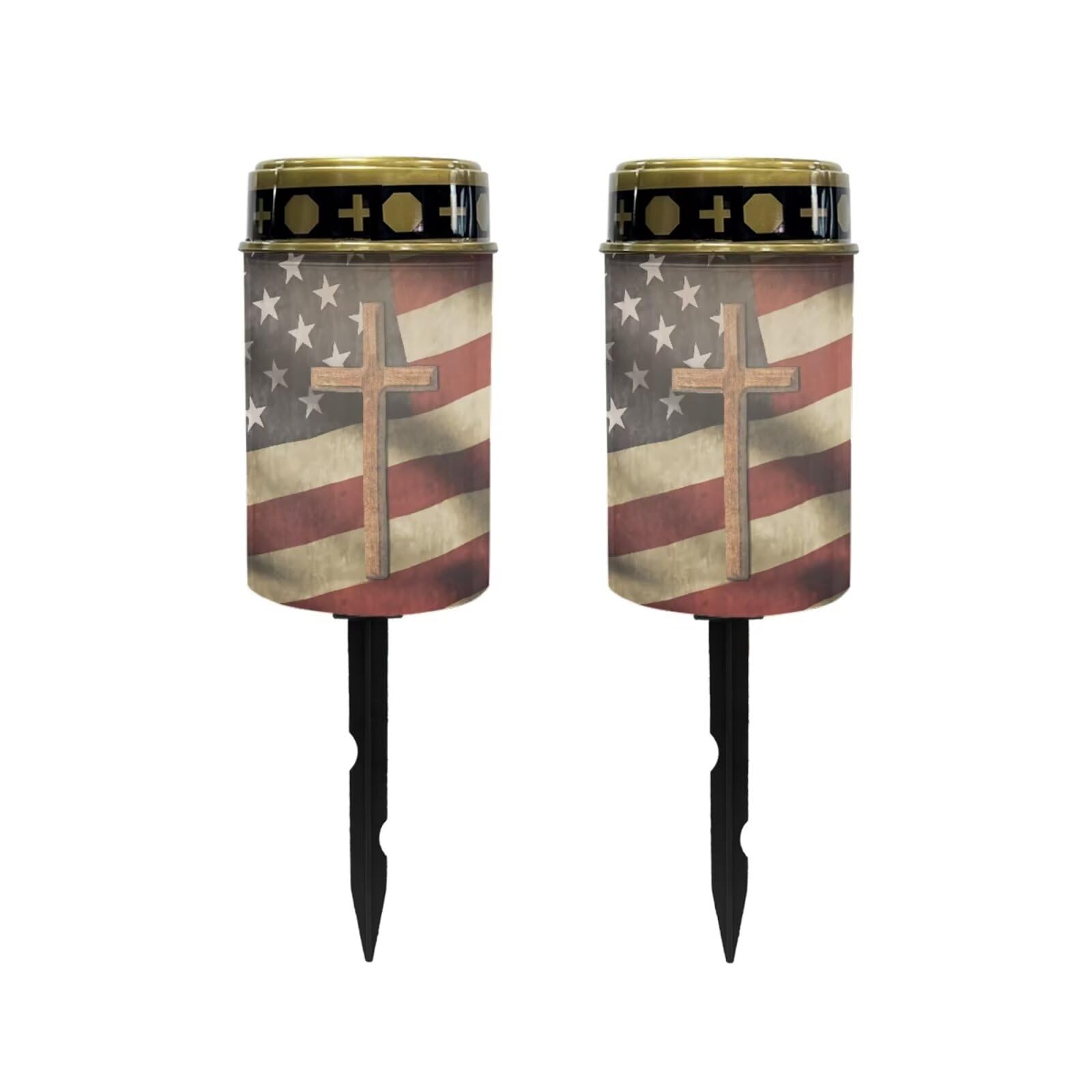 Poceacles Cross Solar Pathway Lights Outdoor Grave Solar Lights Outside Waterproof Cemetery Flameless Candles Outdoor Solar Candle Grave Markers Eternal Decor, Cross American Flag Vintage, Pack of 2