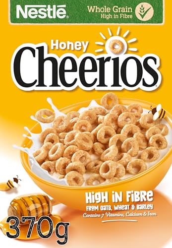 Nestlé Cereals - Cheerios Breakfast Cereal - Honey Hoops Made With Oats Wheat and Barley - High Fibre No Added Sugar - 370g