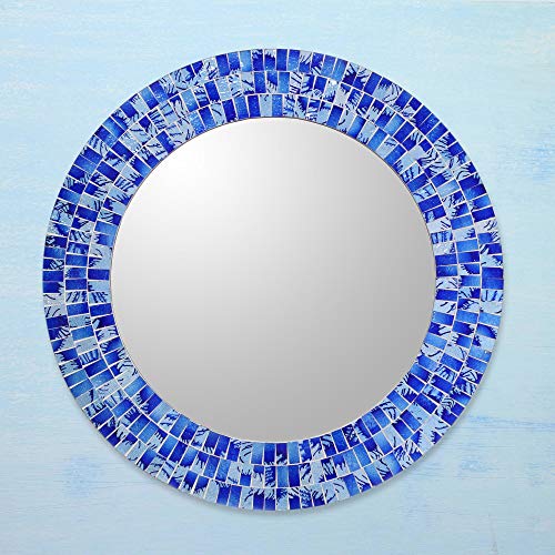 NOVICA Blue Glass Mosaic Wood Framed Round Decorative Wall Mounted Mirror, 'Tropical Fusion' (Large) - Image 3