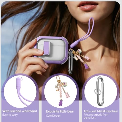 Image of Safety Lock for AirPods Pro 3 Case Clear, Ekoonpft Anti-Yellowing Case Cover for Apple AirPods Pro 3rd Gen 2025, with Cleaner, Keychain & Silicone Strap & Bear Charms for Women Girly, Purple