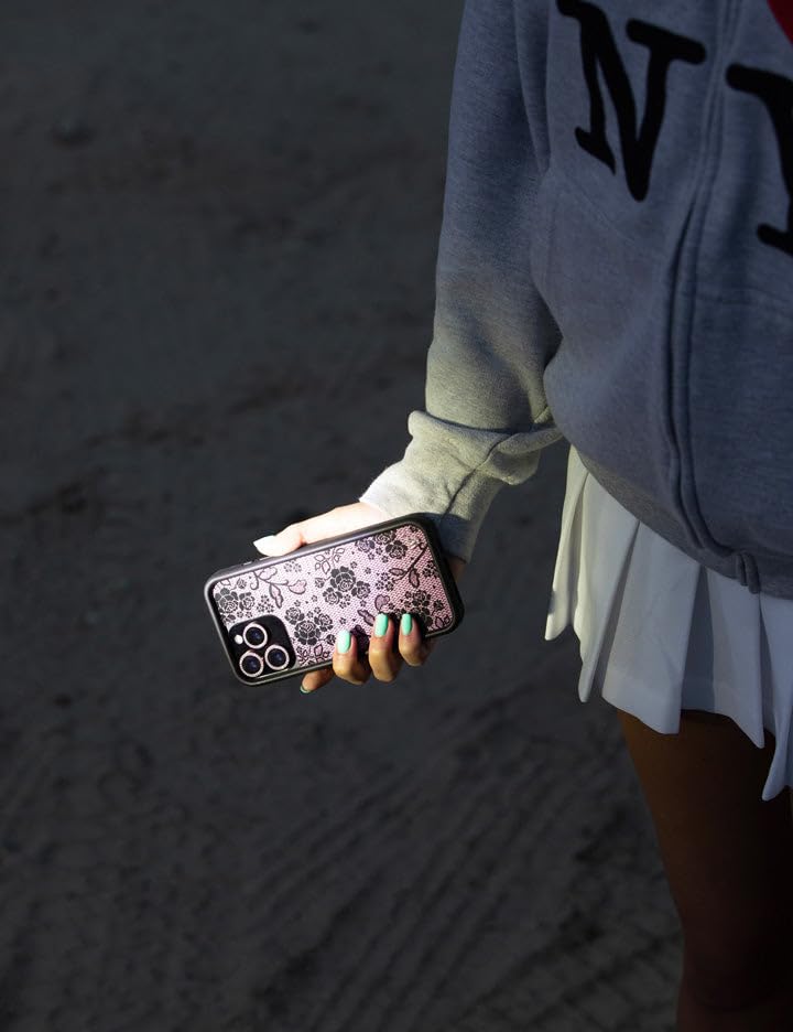 Image of Wildflower Cases - Compatible with iPhone 16 | Protective Black Bumper, 6.5ft Drop Test Certified, Women Owned Small Business | Pink Black Floral Rose Aesthetic Trendy | Lace Lover