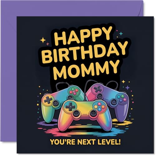 Stuff4 Tarjeta de cumpleaños para mamá – Youre Next Level – Tarjeta de feliz cumpleaños para mamá de hijo e hija, diseño de controlador de videojuegos de 5.7 pulgadas, tarjetas de felicitación de