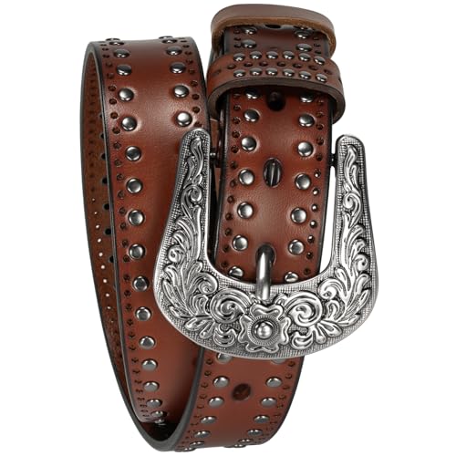 Womens Western Leather Belts 35mm Studded Belt with Vintage Silver Buckle