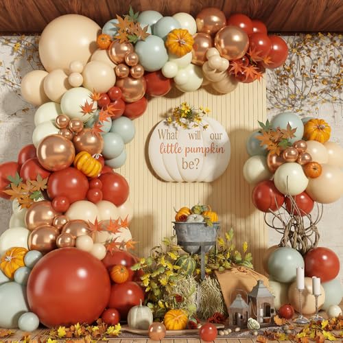 Fall Balloon Arch kit, 122Pcs Thanksgiving Balloon Garland, Beige Burgundy Dusty Green Ivory White Metallic Gold Balloons for Autumn Birthday Harvest Baby Shower Fall Little Pumpkin Party Decorations