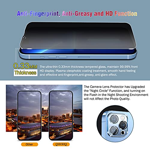 Qhohq 2 Pack Privacy Screen Protector For Iphone 13 Pro Max 6.7" With 2 Packs Camera Lens Protector, Full Screen Tempered Glass Film,9H Hardness Anti-Scratch, Anti Spy, Easy To Install - Case Friendly #TOP4
