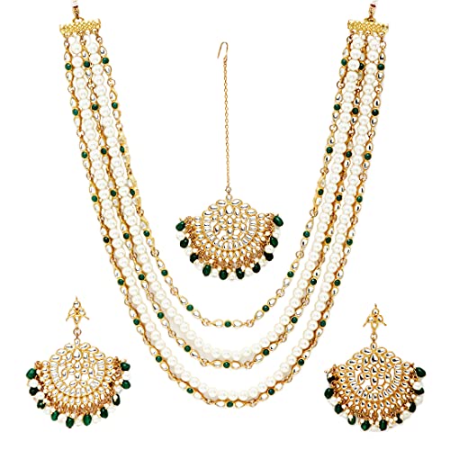 Image of Karatcart Gold Plated Green Crystal and Pearl Studded Kundan Rani-Haar Necklace Set for Women