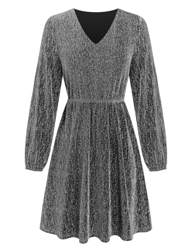 ZAFUL Women's Sparkly Sequin Dress 2025 Lantern Long Sleeve V Neck Loose Casual Glitter HOCO Cocktail Party Club Mini Dresses Silver Large