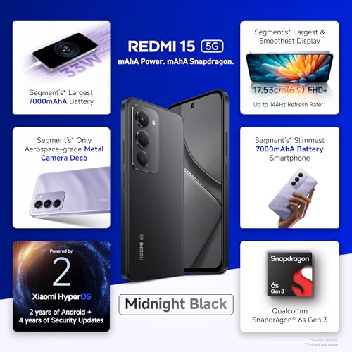 Redmi 15 5G Midnight Black 8GB + 128GB | Segment's Largest 7000mAhA Battery | Segment's Largest Display 17.53cm(6.9) Up to 144Hz | Snapdragon 6s Gen 3 | 18W Reverse Charging | 50MP AI Dual Camera view 2