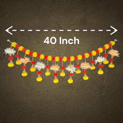 Image of iHandikart Handmade (40 Inch) Decorative Bandanwar with Marigold, Artificial Flowers, Golden Bells & Beads Traditional Door Bandanwar for Makar Sankranti, Lohri, Home Decor & Housewarming (B0066)
