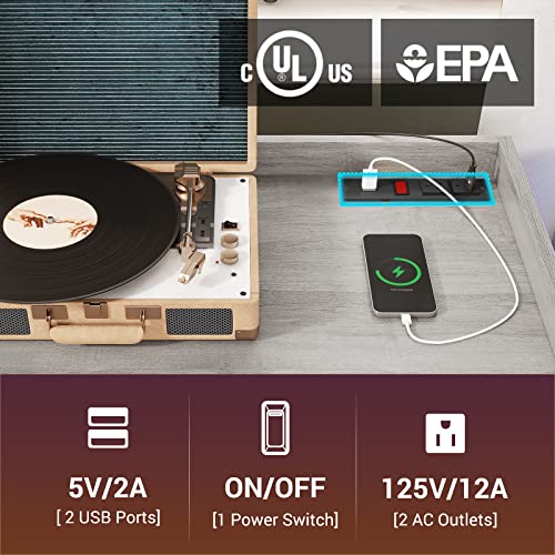 Bthfst End Table With Charging Station, Record Player Stand With Led Lights,Led Nightstand With Storage Shelf, Mid-Century Record Storage With Wheels For Living Room Bedroom, Grey #TOP2