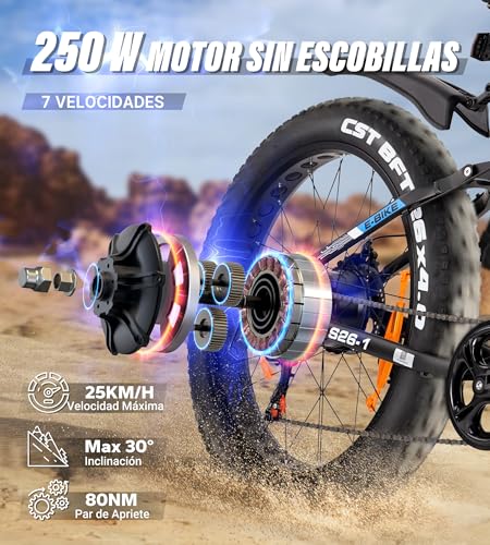 Miniatura 3 de Varun Bicicleta Eléctrica, 26 4.0 Fat Tire Bicicleta De Montaña Eléctrica Con 250w 80nm Motor, Batería 48v 16ah 13ah, Autonomía De 100-120km, E Bike Bici Eléctrica Para Adultos Con 7 Velocidades